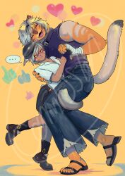 ... 2girls absurdres blush commission denim facial_mark fangs final_fantasy final_fantasy_xiv frayed_clothes furry furry_female furry_with_non-furry happy hat heart heart_hands_failure highres hrothgar hug interspecies jeans lion_girl lion_tail miqo&#039;te multiple_girls orange_fur pants powerandy sandals speech_bubble spoken_ellipsis sweatdrop tail tail_wrap tall_female thumbs_up warrior_of_light_(ff14) whisker_markings yuri