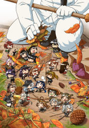 &gt;_&lt; :3 acorn admiral_(kancolle) ahoge akagi_(kancolle) akatsuki_(kancolle) amatsukaze_(kancolle) bag black_hair broom brown_eyes brown_hair character_request chibi eyepatch fairy_(kancolle) flying_sweatdrops glasses gloves green-framed_eyewear grey_hair haruna_(kancolle) hatsuyuki_(kancolle) headgear hibiki_(kancolle) hiei_(kancolle) ikazuchi_(kancolle) inazuma_(kancolle) kantai_collection kirishima_(kancolle) kongou_(kancolle) leaf mini_person minigirl moroyan nagato_(kancolle) nontraditional_miko on_one_knee paper_bag pinecone purple_hair school_uniform serafuku tenryuu_(kancolle) tokitsukaze_(kancolle) twig twintails two_side_up white_gloves yukikaze_(kancolle)