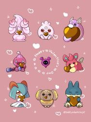 alcremie alternate_color artist_name candy chocolate chocolate_heart closed_eyes closed_mouth colored_skin commentary_request creatures_(company) dog dratini fangs fidough forehead_jewel game_freak gen_1_pokemon gen_2_pokemon gen_3_pokemon gen_4_pokemon gen_8_pokemon green_hair happy_valentine head_wings heart highres igglybuff kirlia munchlax nintendo no_humans pawmi pecharunt pokemon pokemon_(creature) red_background red_eyes saki_pokeoekaki shiny_pokemon simple_background sitting snake tinkatink twitter_username white_skin wings