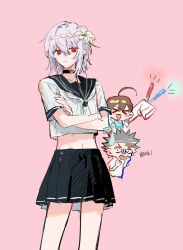 &gt;_&lt; 1girl a_certain_high_school_uniform accelerator_(toaru_majutsu_no_index) ahoge albino black_choker black_sailor_collar chibi chibi_inset chinese_commentary choker commentary_request crossed_arms flower genderswap genderswap_(mtf) hair_between_eyes hair_flower hair_ornament highres midriff miniskirt navel pleated_skirt qyzhiaiyisheng red_eyes sailor_collar school_uniform serafuku shirt short_hair simple_background skirt toaru_majutsu_no_index white_hair white_shirt