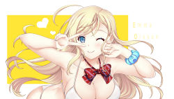 1girl bikini blonde_hair blue_eyes bow bowtie breasts character_name cleavage closed_mouth hands_up hataraki_kuma heart highres large_breasts long_hair looking_at_viewer one_eye_closed original red_bow red_bowtie scrunchie smile solo swimsuit v