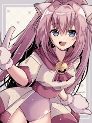 Rule 34 | 1girl, animal ears, animal hands, bell, blue eyes, breasts, cat ears, cowboy shot, dress, fang, gloves, hair between eyes, high ponytail, leotard, long hair, looking at viewer, melody sinclair, open mouth, paw gloves, pink hair, pink leotard, ponytail, short sleeves, smile, solo, standing, thighs, v, wide ponytail, yellow dress, yuukyuu gensoukyoku, yuzuchi (yuchiyduchi)