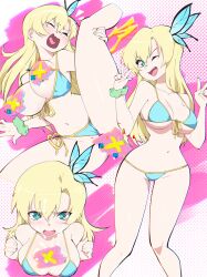 1girl absurdres aetherion aqua_eyes bikini blonde_hair blue_bikini blue_butterfly boku_wa_tomodachi_ga_sukunai breasts breasts_out bug butterfly butterfly_hair_ornament censored collarbone commentary_request cum cum_on_body cum_on_hair double_v facial fang feet_out_of_frame front-tie_bikini_top front-tie_top green_scrunchie hair_ornament highres implied_paizuri implied_sex insect kashiwazaki_sena large_breasts long_hair looking_at_viewer multiple_views navel open_mouth paid_reward_available pink_background scrunchie side-tie_bikini_bottom smile spread_legs standing swimsuit v w_arms wrist_scrunchie