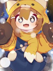 +_+ 1girl :d alternate_costume animal_ears animal_hands animal_hood anmitsu46 blue_dress blue_eyes blush breath brown_hair dress fake_animal_ears fangs gloves hair_between_eyes hair_ornament hairclip highres hood hood_up long_sleeves looking_at_viewer mamehinata notice_lines open_mouth outdoors paw_gloves scarf skin_fangs smile solo sparkling_eyes vrchat yellow_scarf