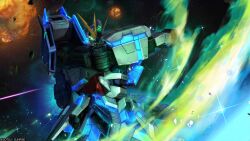 Rule 34 | absurdres, battle, company name, copyright notice, energy, energy beam, explosion, glowing, glowing eyes, gundam, gundam battle operation 2, gundam narrative, highres, machinery, mecha, mecha focus, mobile suit, narrative gundam, narrative gundam c-packs, nebula, no humans, official art, painting (medium), realistic, robot, scan, scene reference, science fiction, solo, space, star (sky), sunrise (company), tenjin hidetaka, traditional media, v-fin, weapon