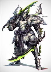 1boy armor artist_name breastplate dual_wielding fake_horns fate/grand_order fate_(series) full_armor gauntlets green_eyes hattori_takeo_(fate) helmet holding holding_sword holding_weapon horned_helmet horns japanese_armor k-suwabe male_focus over_shoulder pauldrons purple_rope rope rope_belt shoulder_armor shoulder_spikes solo spiked_gauntlets spikes standing sword teeth weapon weapon_over_shoulder