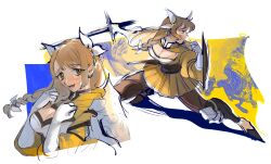 Rule 34 | 1girl, absurdres, black corset, braid, braided ponytail, brown hair, corset, fire emblem, fire emblem engage, folded twintails, goldmary (fire emblem), highres, holding, holding shield, low ponytail, mochako (motyako 1005), nintendo, ponytail, ribbon, shield, single shoulder pad, skirt, white ribbon, yellow skirt