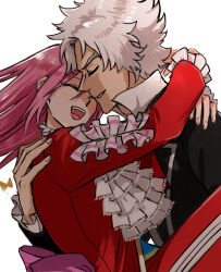 Rule 34 | 2boys, ascot, black jacket, carrying, carrying person, classicaloid, fingernails, highres, hug, jacket, long hair, long sleeves, ludwig van beethoven (classicaloid), male focus, misoko (toomuchsushi), multiple boys, open mouth, pants, parted lips, pink hair, red pants, red shirt, shirt, short hair, simple background, white ascot, white background, white hair, wolfgang amadeus mozart (classicaloid), yaoi