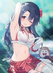 1girl arm_up armpits bell bikini bikini_under_clothes black_hair blurry blurry_background blush breasts cropped_shirt dappled_sunlight elbow_gloves furrowed_brow gloves hair_ribbon hedgehog highres idolmaster idolmaster_million_live! idolmaster_million_live!_theater_days japanese_clothes jingle_bell leaf lens_flare long_hair looking_at_viewer medium_breasts midriff miko mochigome_(ununquadium) navel neck_bell neck_ribbon one_eye_closed open_mouth outdoors rainbow_gradient red_bikini red_eyes red_ribbon red_skirt revealing_clothes ribbon ribbon-trimmed_gloves ribbon-trimmed_thighhighs ribbon_trim sandals shirt side_slit sitting skirt sleeveless sleeveless_shirt solo sunlight swimsuit takayama_sayoko thighhighs water wet white_gloves white_shirt white_thighhighs zouri
