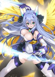 1girl :d ayamo_kaoru bare_shoulders black_ribbon blue_hair blue_skirt blush breasts cameltoe cleavage cleavage_cutout clothing_cutout covered_navel detached_sleeves dress elbow_gloves energy_sword exs-tia exs-tia_(kouyoku_senki_exs-tia_3) feathered_wings feathers fighting_stance floating_hair gloves glowing glowing_weapon glowing_wings green_eyes hair_between_eyes hair_intakes hair_ornament hair_ribbon headgear highres holding holding_sword holding_weapon katsuragi_marina kouyoku_senki_exs-tia large_breasts legs_apart leotard light_particles long_hair looking_at_viewer miniskirt multicolored_dress open_mouth panties pantyshot pleated_skirt ribbon short_dress sidelocks signature skindentation skirt sleeveless smile solo standing sword thighhighs underwear v-shaped_eyebrows very_long_hair weapon white_gloves white_leotard white_panties white_thighhighs wind wind_lift wings yellow_wings