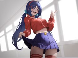 1girl arc2urus blue_eyes blue_hair blue_skirt commentary crazy_mita_(miside) cropped_shirt fangs flower_hairtie hairband highres long_hair looking_at_viewer low_twintails midriff miniskirt miside mita_(miside) open_mouth pleated_skirt red_hairband red_shirt red_thighhighs shirt skirt skirt_hold smile solo thighhighs twintails zettai_ryouiki