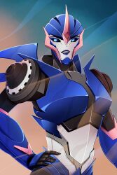 1girl arcee arcee_(prime) blue_eyes blue_lips breasts corporealbox hand_on_own_hip helmet highres humanoid_robot mecha mecha_focus mechanical_wings medium_breasts metal_skin no_humans robot robot_girl science_fiction transformers transformers_prime wings