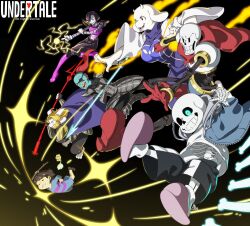 &gt;:) 1other 2girls 3boys =_= animal_ears armor asgore_dreemurr black_background black_gloves black_hair black_shorts blonde_hair blue_eyes blue_jacket blue_skin bone boots breastplate brown_footwear brown_hair cape cel_shading clenched_hand clenched_teeth closed_eyes colored_skin copyright_name drawstring energy everyone eyepatch fangs faulds fins flower flowey_(undertale) frisk_(undertale) from_side furry furry_female furry_male gauntlets gloves glowing glowing_eye glowing_weapon goat_boy goat_ears goat_girl goat_horns gradient_background greaves grin head_fins highres holding holding_polearm holding_stick holding_weapon hood hood_down hooded_jacket horns jacket jumping kamezaemon knee_boots looking_ahead mettaton midair multiple_boys multiple_girls one_eye_covered open_clothes open_jacket outstretched_arm papyrus_(undertale) pauldrons pink_boots polearm ponytail purple_cape purple_robe red_cape red_eyes red_footwear red_gloves red_hair ribs robe robot romper sans_(undertale) sharp_teeth shirt short_hair shorts shoulder_armor simple_background skeleton slippers smile socks solid_oval_eyes spear stick swept_bangs teeth toriel trident undertale undyne undyne_the_undying v-shaped_eyebrows weapon white_shirt white_socks wide_sleeves yellow_flower zipper
