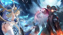 arm_cannon ass ass_focus azur_lane bat_wings blonde_hair bois_belleau_(azur_lane) breasts bug butterfly butterfly_hair_ornament castle clemenceau_(azur_lane) demon_horns dress duquesne_(azur_lane) emden_(azur_lane) emden_(white_black_partita)_(azur_lane) fighting fighting_stance fire game_cg gun hair_ornament highres holding holding_staff holding_weapon horns insect knight large_breasts le_hardi_(azur_lane) lightning massena_(azur_lane) mecha multiple_girls non-web_source pole rigging robot staff twintails weapon white_hair wings