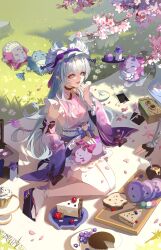 2girls absurdres aqua_hair bell cake cake_slice detached_sleeves food frilled_hairband frills fruit genshin_impact hairband hand_up highres japanese_clothes kimono long_hair long_sleeves lumine_(genshin_impact) multiple_girls neck_bell obi obi_bow okobo open_mouth outdoors pink_kimono platform_sandals pointy_ears sandals sash sitting sleeve_bow smile socks solo_focus strawberry tabi tail tapir_tail wei_yi white_hairband white_socks yumemizuki_mizuki