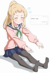 1girl 2025 absurdres black_pantyhose blonde_hair blue_sailor_collar blue_skirt blush closed_eyes closed_mouth collarbone crust_gm0 dated dot_nose female_focus full_body highres inose_mai koisuru_asteroid long_hair long_sleeves no_shoes pantyhose pink_sweater ponytail sailor_collar school_uniform serafuku shadow sitting skirt solo stretching sweater