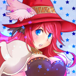 1girl armor blue_background blue_eyes blush breasts cleavage commentary_request genetic_(ragnarok_online) hat hat_feather large_breasts lautrec_v long_hair looking_at_viewer lowres open_mouth pauldrons ragnarok_online red_hat shoulder_armor solo star_(symbol) star_symbol_background upper_body witch_hat