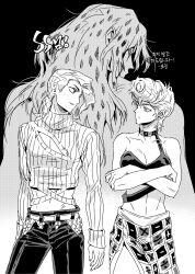 1boy 2girls bra braid braided_ponytail breasts choker cleavage cleavage_cutout clothing_cutout commentary_request cropped_sweater crossed_arms diavolo eye_contact freckles greyscale highres jeonjin_(mynamebazin) jojo_no_kimyou_na_bouken korean_commentary korean_text looking_at_another medium_breasts midriff monochrome multiple_girls pompadour side_slit single_strap spotted_fur sweater translation_request trish_una turtleneck turtleneck_sweater underwear vento_aureo vinegar_doppio