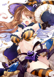 10s 1girl 218 :d ;d armpits beatrix_(granblue_fantasy) blurry breasts brown_eyes brown_hair candy cleavage depth_of_field detached_sleeves female_focus food granblue_fantasy hand_on_headwear hat large_breasts long_hair looking_at_viewer matching_hair/eyes navel one_eye_closed open_mouth smile solo striped_clothes striped_thighhighs thighhighs white_background wind witch_hat