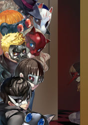 10s 4girls 5boys akechi_gorou amamiya_ren around_corner bad_id bad_pixiv_id black_hair blonde_hair blue_eyes blue_hair braid brown_eyes brown_hair club3 crown_braid gloves goggles graphite_(medium) hat highres kitagawa_yuusuke long_hair looking_at_viewer mask morgana_(persona_5) multiple_boys multiple_girls niijima_makoto okumura_haru orange_hair peeking persona persona_5 red_eyes sakamoto_ryuuji sakura_futaba short_hair smile spoilers takamaki_anne traditional_media twintails yellow_eyes