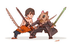 2boys angry artist_name black_eyes black_hair boar_mask bryce_papenbrook closed_mouth collarbone dark_repulser elucidator full_body hashibira_inosuke holding holding_sword holding_weapon kimetsu_no_yaiba kirito looking_at_another matsuoka_yoshitsugu multiple_boys multiple_swords painterly ryusei_hashida sandals signature smile sword sword_art_online voice_actor_connection weapon