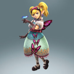1girl 3d absurdres agitha blonde_hair blue_eyes bug butterfly dress earrings female_focus full_body gloves gothic_lolita gradient_background highres hyrule_warriors insect jewelry lolita_fashion long_hair nintendo official_art pendant pointy_ears solo the_legend_of_zelda the_legend_of_zelda:_twilight_princess twintails