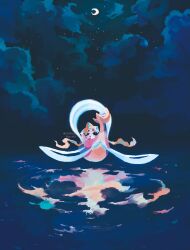 absurdres closed_eyes cloud commentary crescent_moon cresselia gen_3_pokemon gen_4_pokemon highres jirachi legendary_pokemon moon mythical_pokemon nashiro_o77o night nintendo no_humans outdoors pokemon pokemon_(creature) reflection riding riding_pokemon sky star_(sky) symbol-only_commentary water