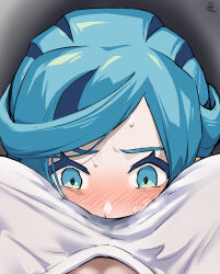 1boy 1girl aqua_eyes aqua_hair between_breasts blush breasts commentary_request face_between_breasts grusha_(pokemon) head_between_breasts hetero highres looking_at_another min_(myna8247) nintendo pokemon pokemon_sv shirt signature sweat wavy_eyes wet wet_clothes wet_shirt white_shirt