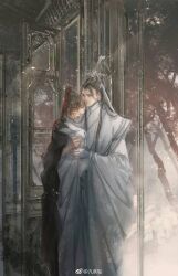 2boys animal architecture black_hair black_hanfu chinese_clothes closed_mouth east_asian_architecture faux_traditional_media grey_eyes hair_ribbon half-closed_eyes hand_on_another&#039;s_shoulder hanfu head_on_another&#039;s_shoulder headband high_ponytail highres holding holding_animal holding_rabbit hug ink_wash_painting kcllzas163 lan_wangji light_particles long_hair long_sleeves looking_at_animal looking_at_another male_focus modao_zushi multiple_boys open_door ponytail rabbit red_ribbon ribbon robe sleeves_past_wrists standing third-party_source topknot tree watermark wei_wuxian weibo_watermark white_hanfu white_headband white_rabbit_(animal) wide_sleeves xiao_guan_(headdress) yaoi