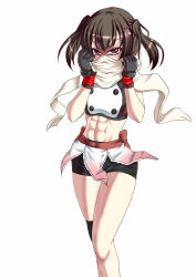1girl abs bike_shorts brown_eyes buttons double-breasted fingerless_gloves glaring gloves kantai_collection looking_at_viewer midriff muscular muscular_female navel remodel_(kantai_collection) rigid rigidsteed scarf sendai_(kancolle) shorts simple_background sports_bra two_side_up white_scarf
