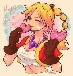 1girl absurdres artist_name bead_necklace beads blonde_hair blush breasts brown_gloves chrono_cross cleavage crop_top cropped_jacket cropped_torso dated gloves gold_trim hair_ribbon happy_valentine heart highres holding holding_heart jacket jewelry kid_(chrono_cross) long_hair looking_at_viewer medium_breasts midriff multi-tied_hair navel necklace one_eye_closed parted_lips ponytail red_jacket red_ribbon ribbon shikiwo shirt short_sleeves solo torn_clothes torn_shirt