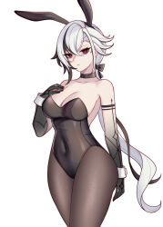 1girl :| absurdres alternate_costume animal_ear_hairband animal_ears arlecchino_(genshin_impact) bare_shoulders black_choker black_eyes black_hair black_hairband black_leotard black_pantyhose breasts charlie_purrito choker cleavage closed_mouth collarbone commentary covered_navel fake_animal_ears genshin_impact hair_between_eyes hairband hand_on_own_chest highres large_breasts leotard long_hair multicolored_hair pantyhose playboy_bunny rabbit_ears red_pupils simple_background solo strapless strapless_leotard streaked_hair symbol-shaped_pupils very_long_hair white_background white_hair white_wrist_cuffs wrist_cuffs x-shaped_pupils