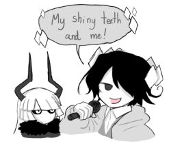 1boy 1girl black_coat black_eyes black_hair black_sclera blunt_bangs coat collared_shirt colored_sclera colored_skin cropped_torso crystal_hair demon_horns english_text etihw_(funamusea) funamusea gallaxi genderswap genderswap_(mtf) grey_jacket grey_vest haiiro_teien hair_over_one_eye hime_cut holding holding_microphone horns jacket kcalb_(funamusea) long_hair microphone music open_mouth shirt short_hair simple_background singing smile speech_bubble vest white_background white_eyes white_hair white_shirt white_skin