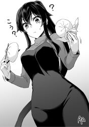 1girl ? abo_(hechouchou) steamed_bun blush breasts chopsticks closed_mouth commission dress food gradient_background greyscale hair_between_eyes highres holding holding_chopsticks kantai_collection large_breasts long_hair long_sleeves monochrome ponytail sidelocks signature simple_background skeb_commission solo sweat sweater turtleneck turtleneck_sweater very_long_hair yahagi_(kancolle)
