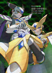 Rule 34 | 2boys, armor, artist name, blue eyes, cape, chest jewel, forehead jewel, gate (mega man), gold armor, gold helmet, helmet, mega man (series), mega man x (series), multiple boys, purple cape, twitter username, watermark, white armor, white cape, white helmet, yamanashi taiki