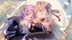 Rule 34 | 2girls, arch, arm around waist, arm tattoo, armpit crease, assault lily, banshouya ena, bare shoulders, black collar, black pantyhose, black ribbon, black shirt, black skirt, blonde hair, blunt bangs, blush, bouquet, breasts, carrying, carrying person, closed mouth, collar, commentary request, copyright notice, cropped jacket, detached sleeves, dutch angle, falling petals, fingernails, flower, flower wreath, frilled skirt, frilled sleeves, frills, from below, glint, green eyes, hair behind ear, hair between eyes, hair flower, hair ornament, hair ribbon, hands up, head wreath, heads together, high-waist skirt, holding, holding bouquet, indoors, jewelry, juliet sleeves, long hair, long sleeves, looking at another, looking at flowers, looking down, looking to the side, medium breasts, multiple girls, nao (syn eaa), neck ribbon, nose blush, official art, okada kisara, own hands together, pantyhose, petals, pink flower, pink rose, princess carry, puffy sleeves, red eyes, red flower, red ribbon, red rose, ribbon, ring, rose, school uniform, shirt, sideways glance, skirt, sleeveless, sleeveless shirt, smile, stained glass, tattoo, two-tone shirt, upper body, very long hair, white flower, white shirt, yellow flower, yellow rose, yuri, yurigaoka girls academy school uniform