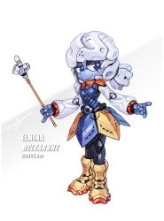 1girl blue_eyes blue_skin boots breasts closed_mouth colored_skin deltarune dress elnina_(deltarune) full_body highres holding joints lordyanyu mechanical_dress mechanical_hair mechanization pointer robot robot_girl robot_joints simple_background small_breasts smile solo standing white_background white_hair