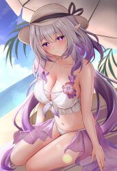 1girl absurdres alternate_costume armpit_crease bare_legs bare_shoulders bikini blue_sky blush breasts brown_hat castorice_(honkai:_star_rail) cleavage closed_mouth collarbone commentary day front-tie_bikini_top front-tie_top gradient_hair grey_hair hat highres honkai:_star_rail honkai_(series) large_breasts legs long_hair looking_at_viewer multicolored_hair navel outdoors pointy_ears purple_eyes purple_hair purple_pupils shouhaku0512 sidelocks sitting sky smile solo stomach swimsuit thighs very_long_hair white_bikini yokozuwari