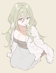 Rule 34 | 1girl, absurdres, breasts, brown socks, cleavage, coat, collarbone, collared coat, double-parted bangs, from above, green hair, grey background, grey eyes, grey shirt, grey skirt, hair over shoulder, highres, kneeling, large breasts, long hair, long skirt, long sleeves, loose clothes, loose shirt, mole, mole on breast, namori, original, parted lips, shirt, simple background, skirt, sleeves past fingers, sleeves past wrists, socks, solo, very long hair, white coat