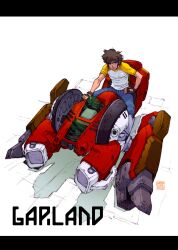 1980s_(style) 1boy absurdres fingerless_gloves full_body garland_(megazone_23) gloves highres kotobuki_tsukasa letterboxed looking_at_viewer mecha megazone_23 motor_vehicle motorcycle oldschool retro_artstyle robot short_hair smile solo yahagi_shougo