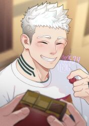 1boy ^_^ bara blurry blurry_background blush body_markings box box_of_chocolates candy chocolate chocolate_heart closed_eyes f69g food gaius_(live_a_hero) grin heart heart-shaped_food highres holding holding_chocolate holding_food live_a_hero looking_at_viewer male_focus pov pov_hands shirt smile solo spiked_hair upper_body white_hair white_shirt