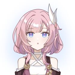 1girl :o blue_eyes chinese_commentary coat commentary_request criss-cross_halter cyrene_(honkai:_star_rail) dress hair_ornament halterneck highres honkai:_star_rail honkai_(series) izumi_(lofter_41635481026) pink_hair pink_pupils pointy_ears purple_coat short_hair simple_background solo upper_body white_background white_dress