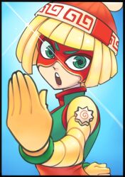 1girl 3d_rod! arms_(game) beanie blonde_hair blunt_bangs bob_cut bracelet colored_extremities eye_mask fighting_stance food green_eyes hat jewelry kamaboko min_min_(arms) narutomaki open_mouth short_hair solo