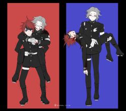 2boys ahoge aotsuki_eito armband belt belt_pouch black_border black_pants black_streaks bleeding blood blood_in_hair blood_on_clothes blood_on_face blood_on_gloves blue_background blue_eyes blush border carrying carrying_person closed_eyes gakuran geta glasses gloves grey_eyes grey_hair hole_in_chest hole_on_body injury last_defense_academy_school_uniform long_sleeves looking_at_viewer male_focus multicolored_hair multiple_boys multiple_views nose_blush pants piggyback pouch red_background red_hair school_uniform seiran_yoroz short_hair simple_background streaked_hair sumino_takumi the_hundred_line_-last_defense_academy- torn_sleeve twitter_username unconscious white_armband