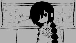 1girl absurdres bad_id bad_twitter_id bow bowtie braid closed_mouth expressionless funamusea greyscale hair_over_one_eye highres iesonatana inactive_account kurai_yonaka lagtrain_(vocaloid) long_hair low_twin_braids mogeko_castle monochrome one_eye_covered parody solo style_parody twin_braids upper_body