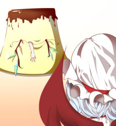 2girls bat_wings blue_hair commentary flandre_scarlet food fuyuno_(kiddyland) hat hat_ribbon in_food mob_cap multiple_girls name_connection object_namesake oversized_object pudding pun remilia_scarlet ribbon siblings sisters touhou vore what wings