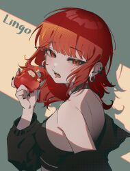 1girl apple bare_shoulders black_jacket black_nails breasts choker commentary dappled_sunlight ear_piercing earrings english_commentary english_text engrish_text food from_side fruit halftone highres holding holding_food holding_fruit jacket jewelry looking_at_viewer medium_breasts medium_hair off_shoulder open_mouth original piercing ranguage red_eyes red_hair sideboob solo sports_bra sunlight teeth upper_body upper_teeth_only v_burger103