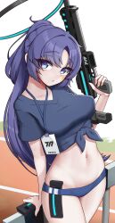 1girl absurdres blue_archive blue_buruma blue_eyes blue_shirt blush breasts buruma gun halo highres long_hair looking_at_viewer medium_breasts navel puroppa purple_hair shirt short_sleeves solo star_sticker sticker_on_face tied_shirt weapon yuuka_(blue_archive) yuuka_(track)_(blue_archive)