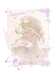 Rule 34 | 1girl, absurdres, artist name, bare shoulders, blonde hair, blooming dreams (infinity nikki), border, chinese commentary, circlet, closed eyes, closed mouth, commentary request, commission, cropped torso, dress, facepaint, fairy, fairy wings, flower, gold armlet, gold circlet, gold necklace, gradient wings, green wings, hair flower, hair ornament, happy, head tilt, highres, infinity nikki, jewelry, light blush, lipstick, makeup, multicolored wings, necklace, nikki (series), outside border, petals, pink lips, pink wings, pointy ears, purple dress, purple flower, purple rose, rose, rose petals, sample watermark, sanguine, short hair, smile, solo, strapless, strapless dress, watermark, white border, wings, yellow background