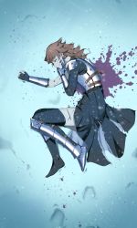 1girl armor black_dress black_gloves blood commentary dress dying english_commentary fingerless_gloves from_above gloves greaves highres hololive hololive_english kuroi_enpitsu lying medium_hair on_side orange_hair snow snowing solo takanashi_kiara thighhighs virtual_youtuber